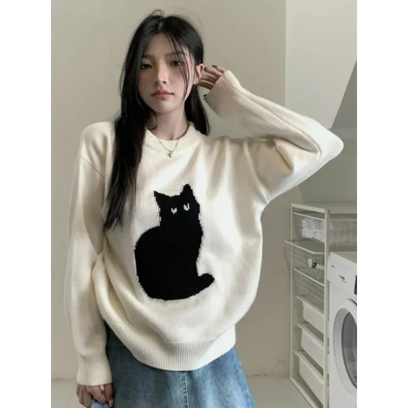 Sweet Sweater Pullover Women Cartoon Cat Pullover Autumn Winter Outwear Loose Vintage Knitted Tops Female Fashion