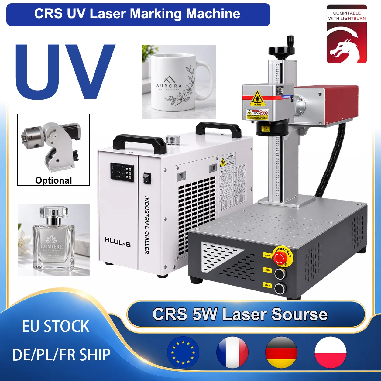 Macchina per marcatura laser UV da 5W (raffreddata ad acqua, compatibile con LightBurn) – compatta e precisa; adatta per plastica, vetro, pelle e bottiglie; compatibile con asse rotante.