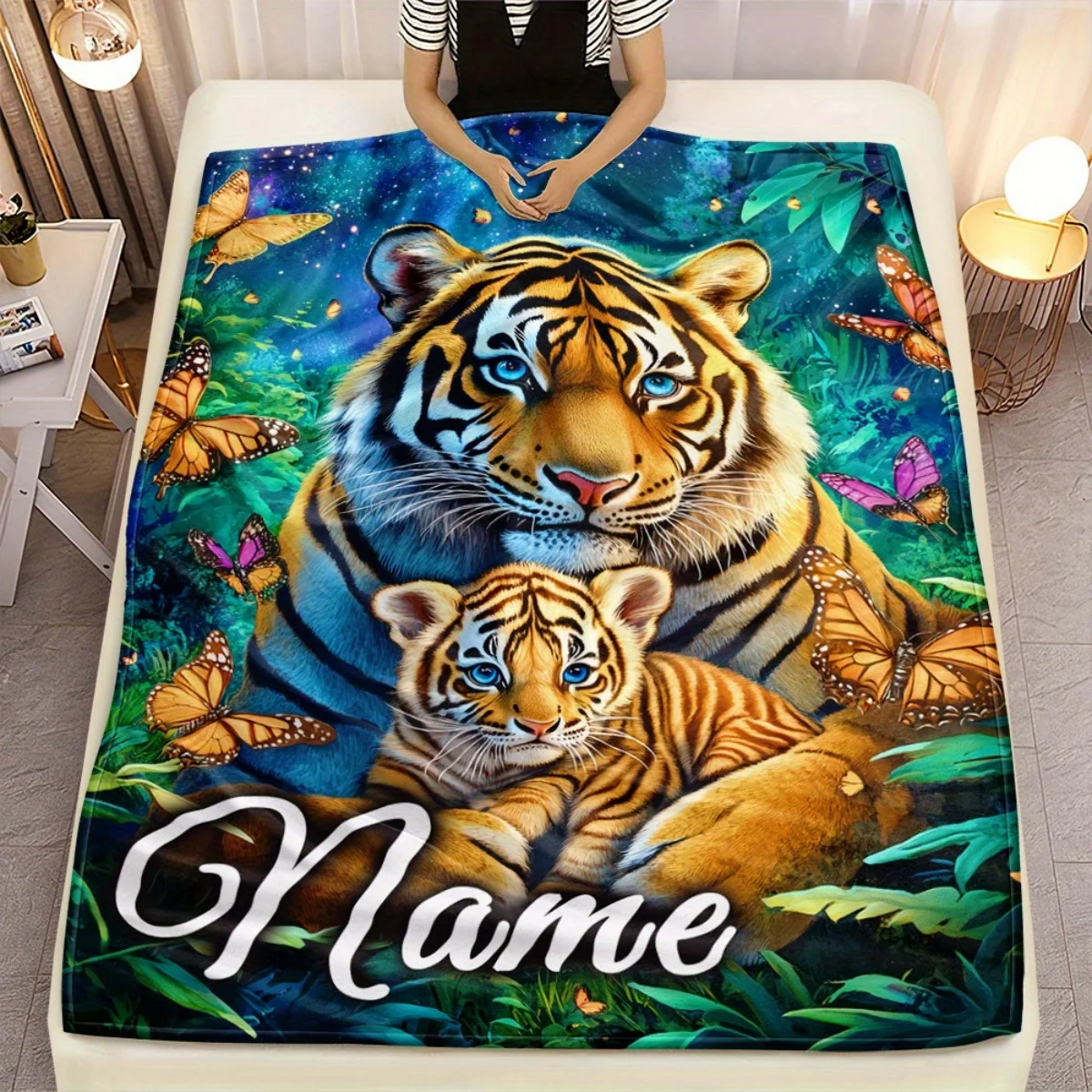 Custom Tiger & Cub Blanket Personalized Name Photo Fleece Throw All Season Soft Warm Bedding for Kids Adults Home Decor Gift