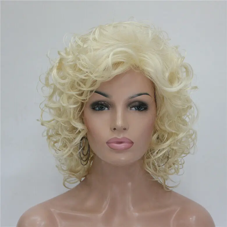 New Women Short Wavy Curly Wig Ladies Fluffy Hair Wig Blonde Wigs