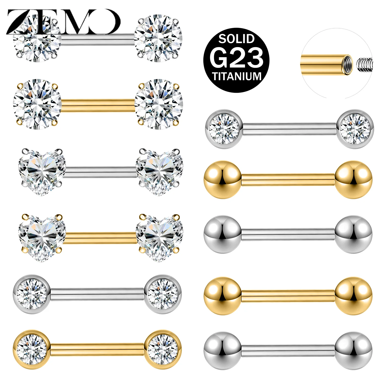 ZEMO 1 Stück 14G Brustwarzenringe ASTM-F136 Titan Herz CZ Barbell Zungenring Langer Industrie-Ball Zungen- und Brustwarzenpiercing 16/14/12MM