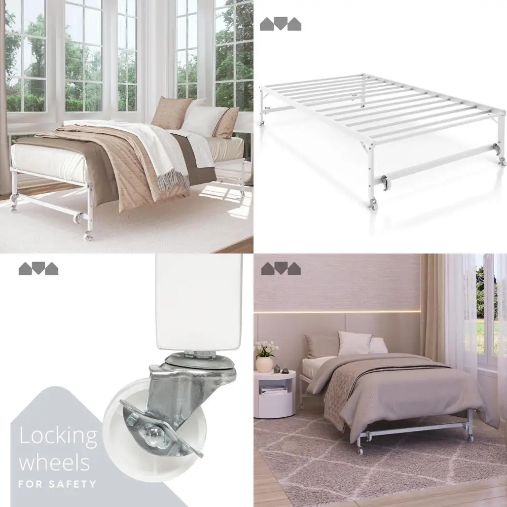 

Roll-Out Trundle Bed Modern Black Frame White Mattress Not Included Contemporary Sleep Solution for Guests