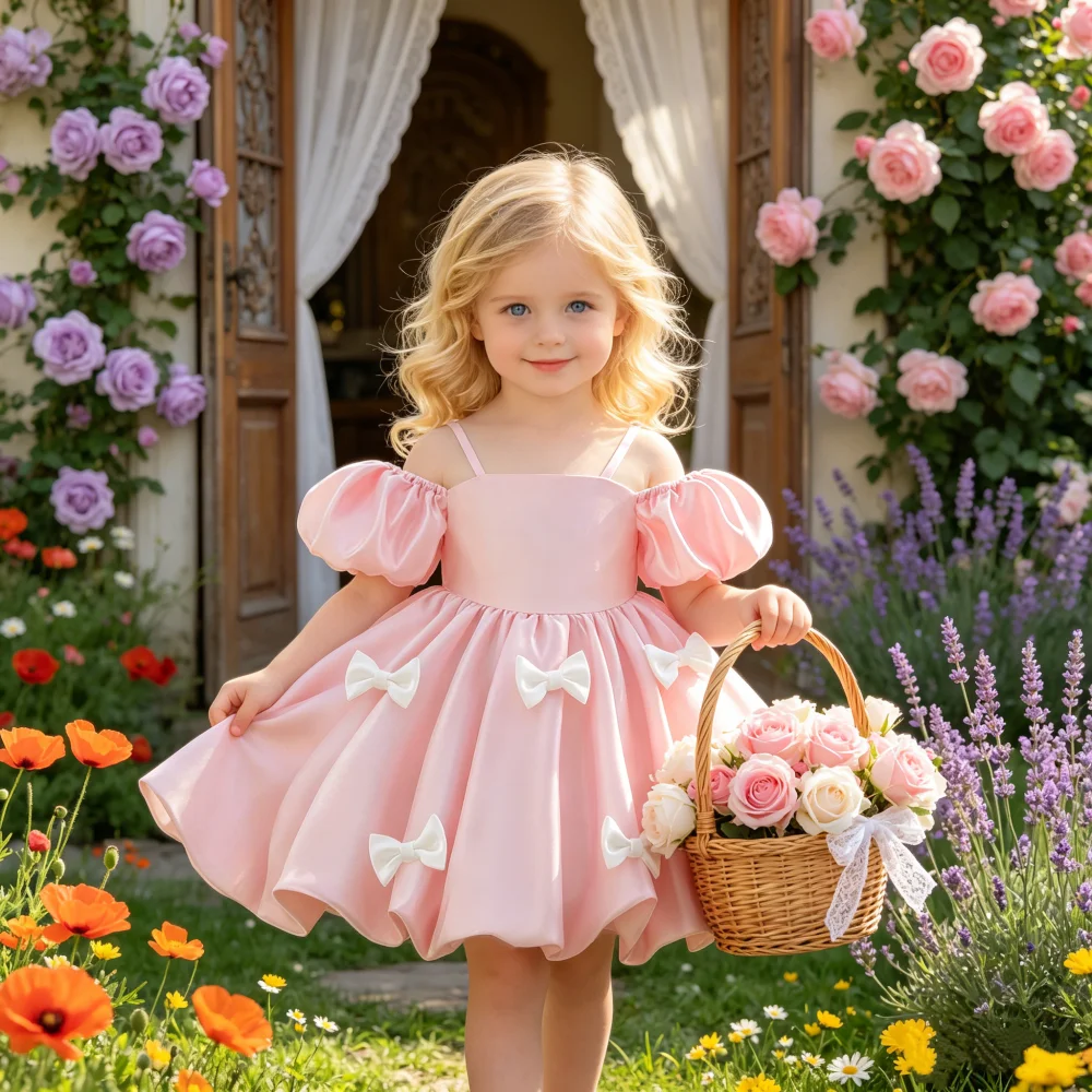 Girls' Birthday Princess Dress with Puff Sleeves and Bow Suitable for Birthday Parties Piano Recitals Hosting