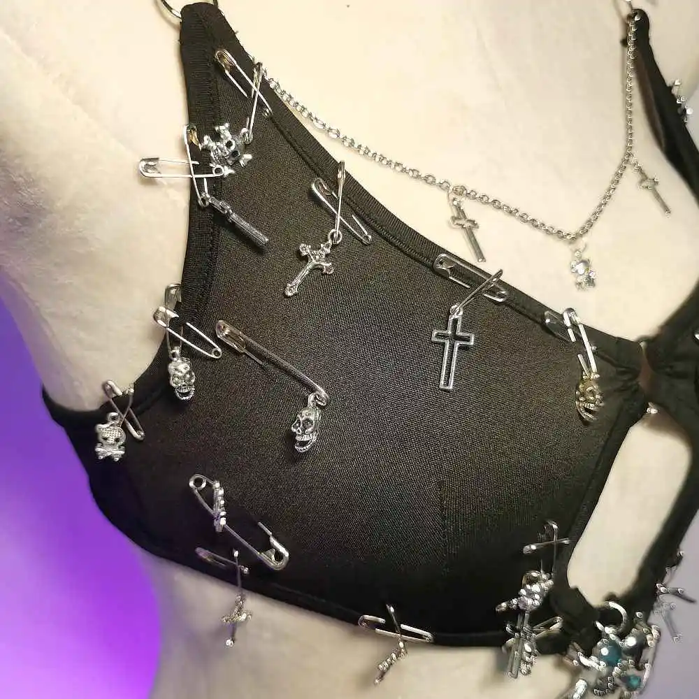 E-Girls Y2K Halter Camisole TOPS Cross Fashion Revival Glitch Core Emo Harajuku Grunge Goth Chain Pin Hip Hop Punk Rock
