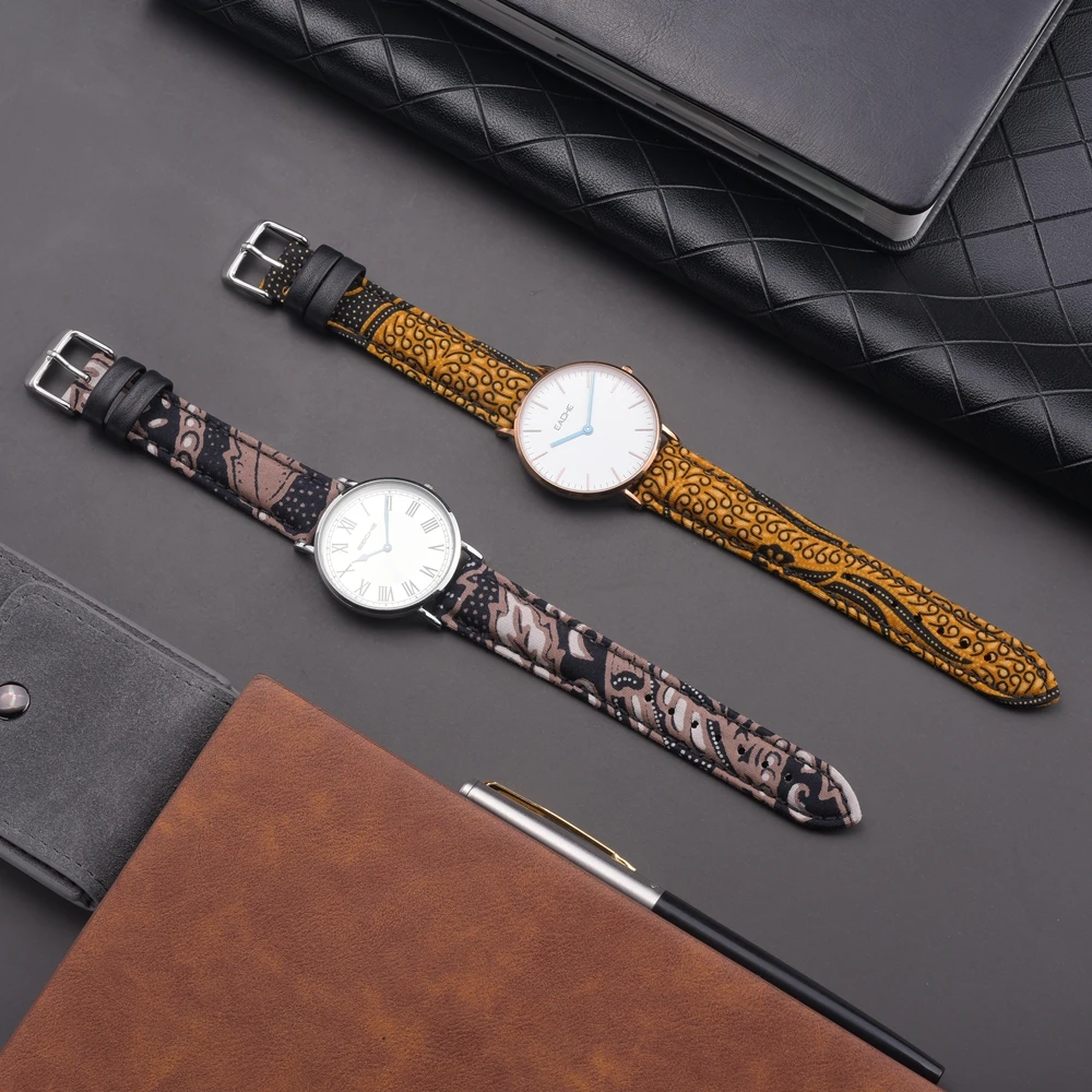 EACHE Tweed Watch Straps Wool Cloth Herringbone Pattern Watchband Genuine Leather Band 18mm 20mm 22mm