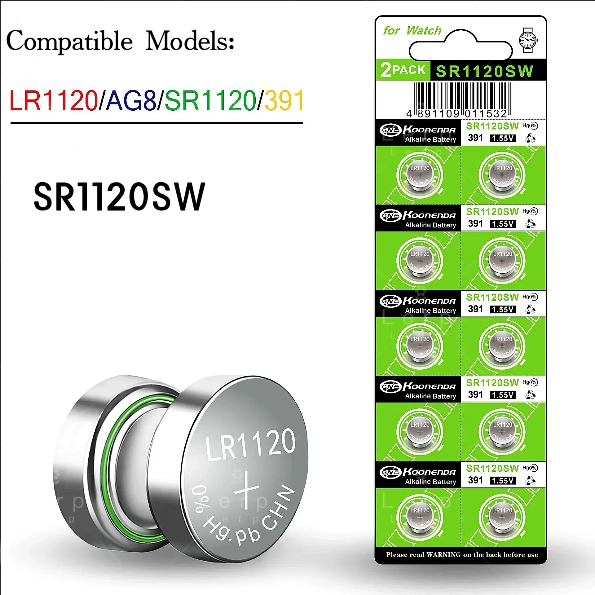 Bateria eletrônica do botão AG8, 391A, SR1120SW, 1.55V, Bateria do botão LR1120