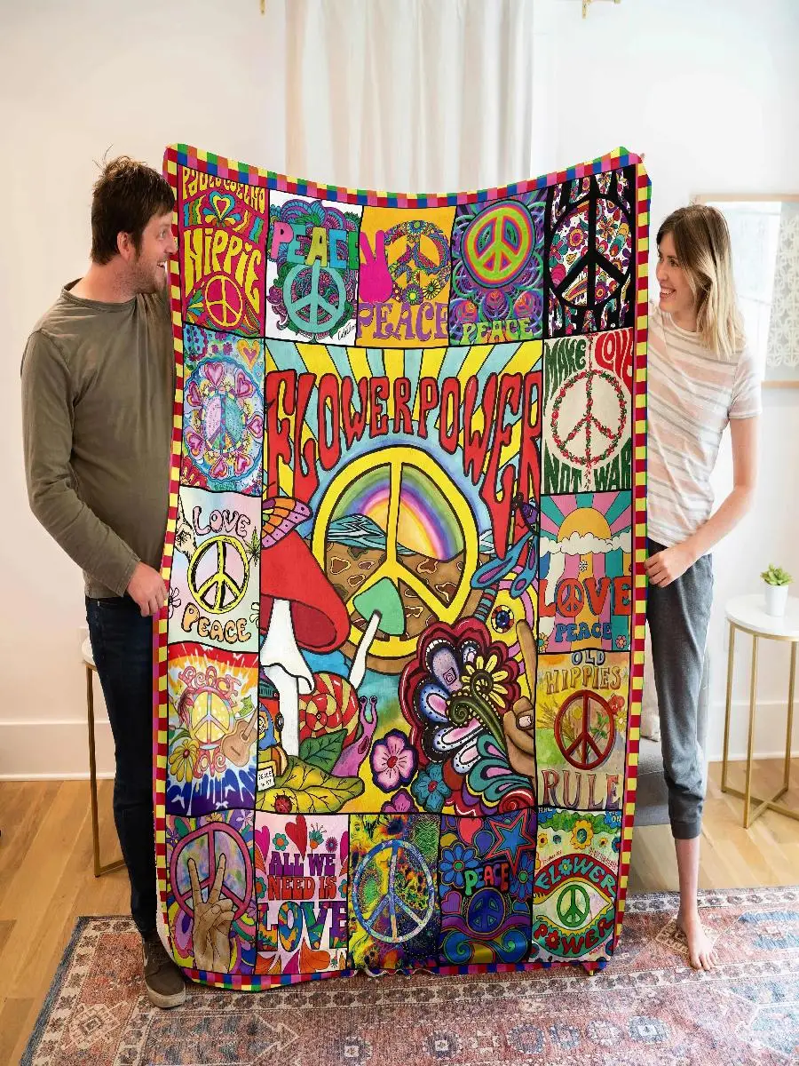 Flower Power Peace Sign Patchwork Throw  Vibrant Colors for Home Cozy and Warm Ideal for Any Room