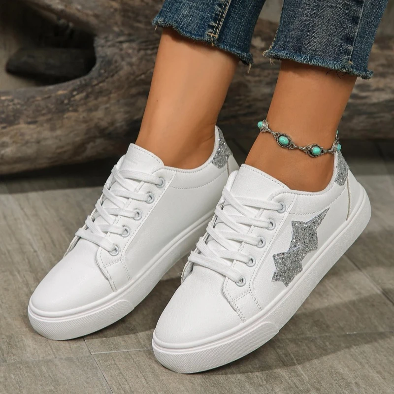 Spring Autumn Casual Flat White Shoes Star Pattern Lace-up Vulcanized Shoes Comfortable Breathable Fashion Sequins Student Shoes