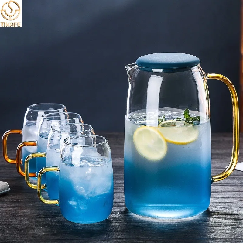 

Glass Pitcher Set with 4 Cups, Water Pitcher with Handle, Glass Jug Carafe for Iced Tea/Juice/Beverage/Coffee/Drinkware