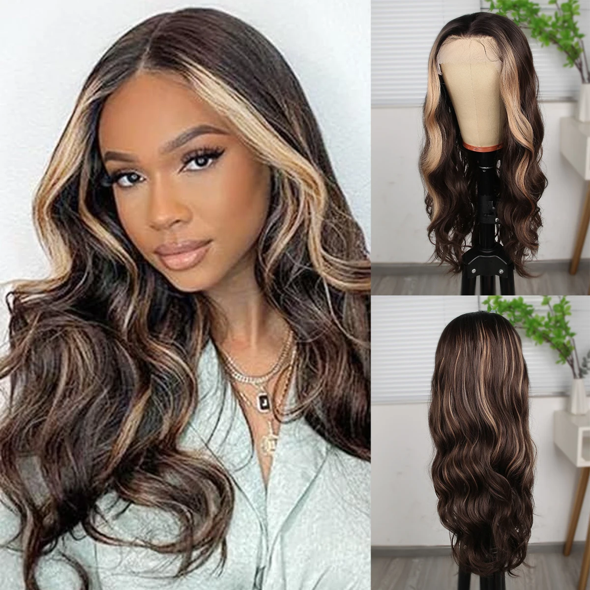 Ombre Blonde 13*4 Lace Front Synthetic Wigs Brown BLack Long Natural Loose Wave Curly wig Easy To Wear  Heat Resistant Fiber