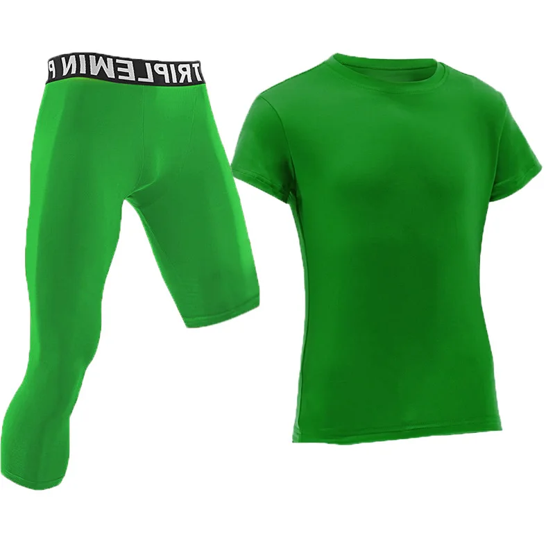 Men Short Sleeve Tracksuits GYM Fitness Tee + 3/4 Leggings Sport Capri Cropped Running Set Basketball Football Clothes Suit 5896