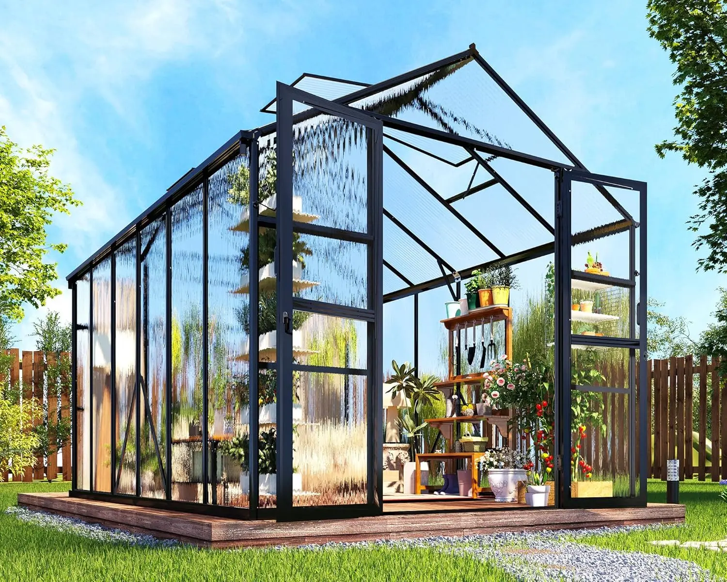 Amerlife 8X12X7.5 Polycarbonate Greenhouse With Quick-Connect Fittings, Walk-In Aluminum Greenhouse With 2 Swing Doors,