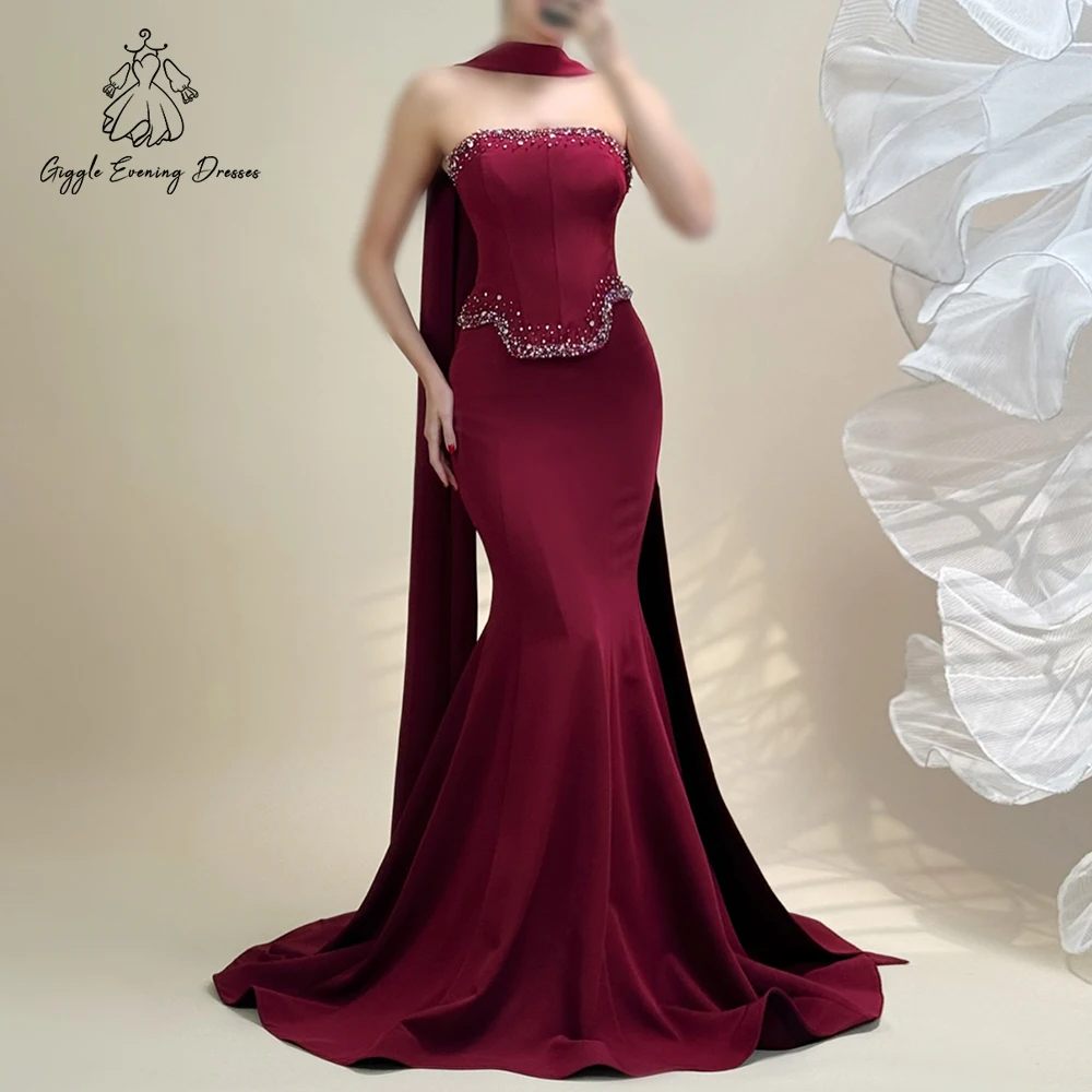 

Giggle Burgundy Strapless Beaded Two-Piece Prom Dresses Elegant Scarf Mermaid Evening Gown Women's Formal Party Gown Customized