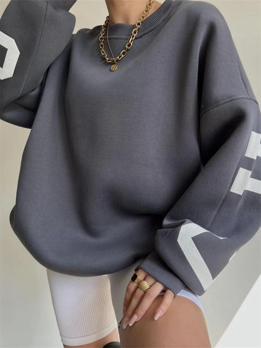 Back Letters Print Oversized Sweatshirts Women Casual Thickened Warm Pullovers Long Sleeve Tops Autumn Winter Streetwear