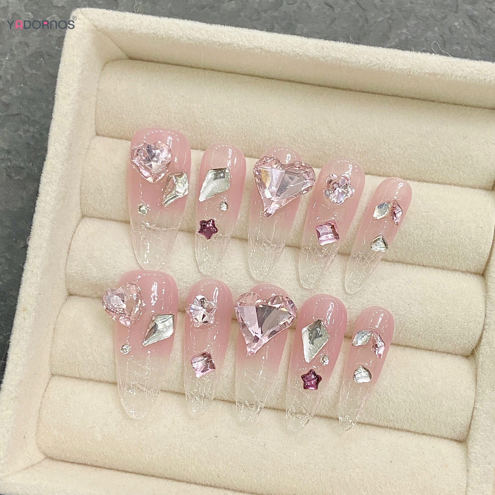 Uñas postizas hechas a mano para mujer, uñas postizas de almendra larga, diseños de diamantes brillantes, puntas de manicura usables, 10cs