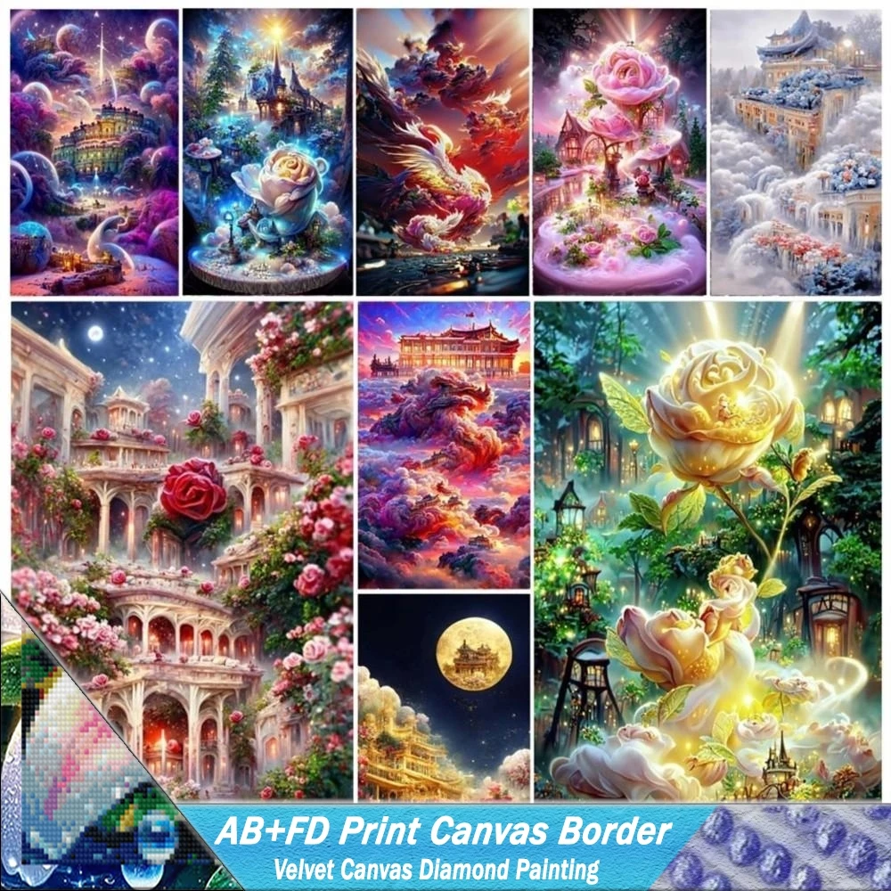 Fantasy Rose DIY AB+FD Print Canvas Border Diamond Painting Kits Chateau Montrose Dream Flower Mosaic Embroidery Gift Home Decor