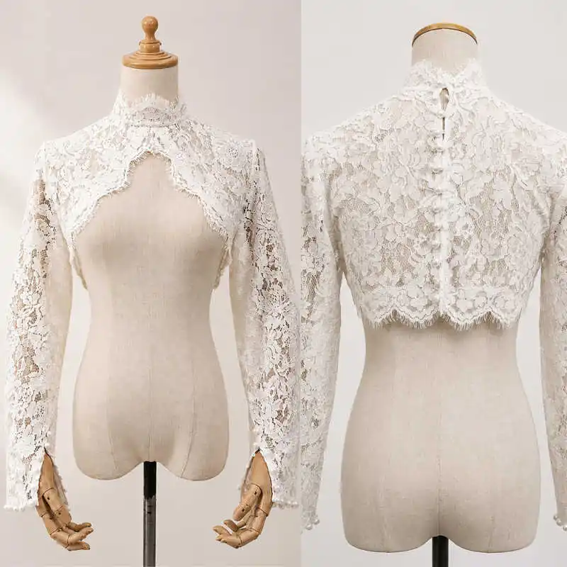 Bridal Lace Jacket High Neck Long Sleeve Crop Bridal Accessory for Bridal Outfit Layering Luxury Wedding Occasions Customized