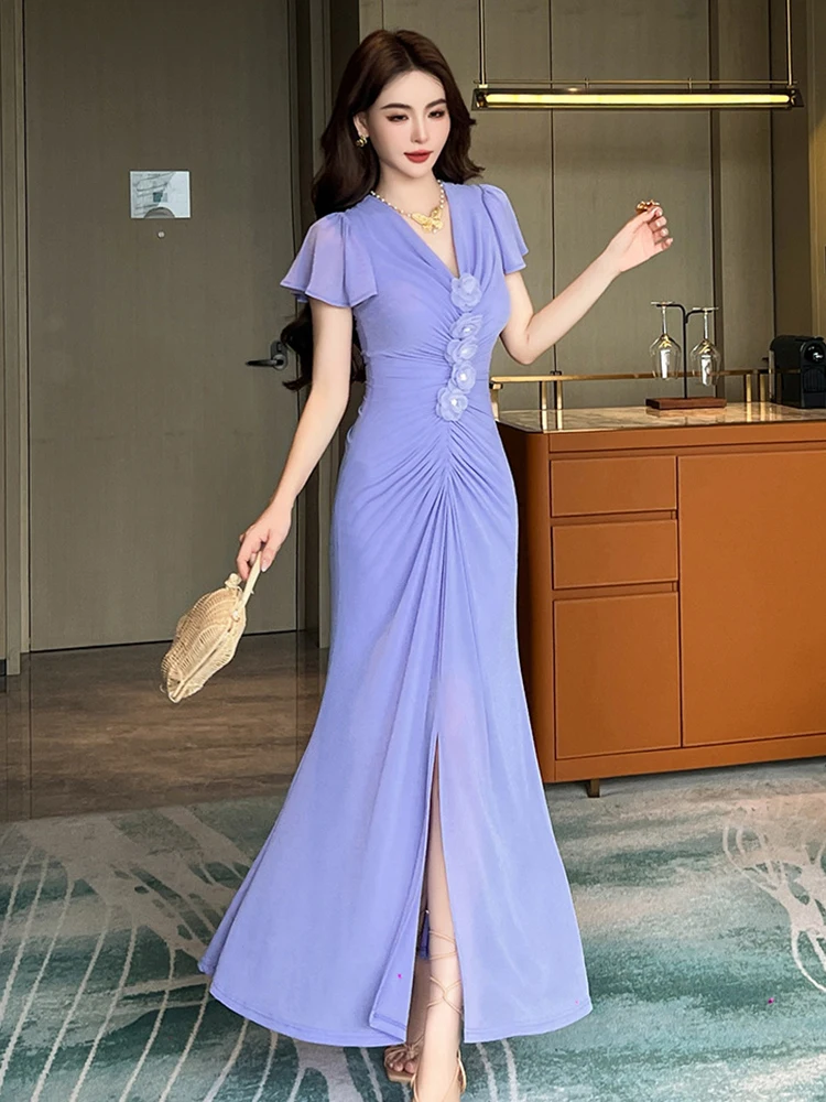 French Romance Purple Vacation Dress Women Elastic Mesh Clothes Elegant Flowers Folds Slit Maxi Robe Beach Party Prom Vestidos