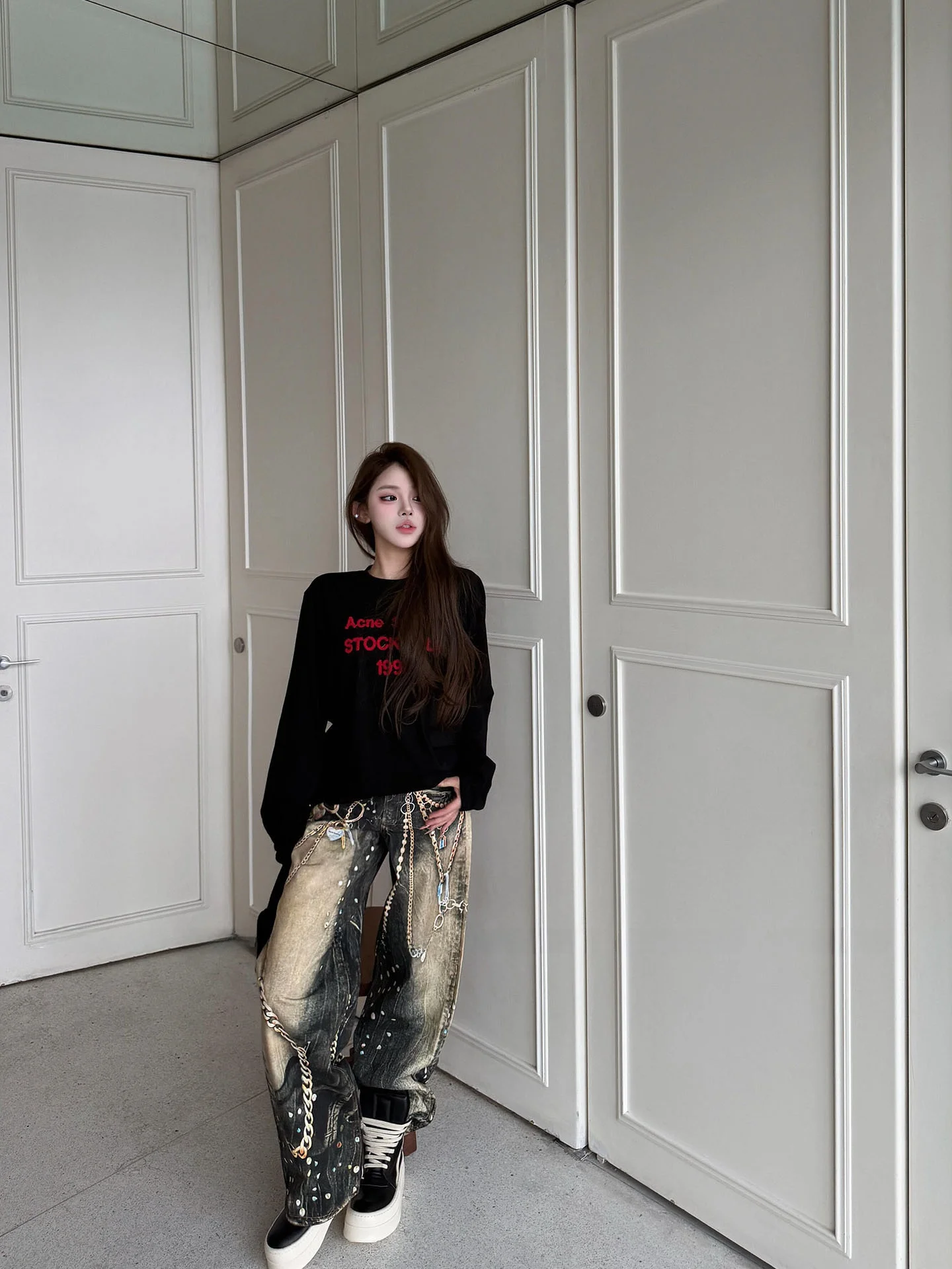 

Женские джинсы с 3D-принтом, прямые, свободные, широкие штанины, модель 2026SS, новинка года, с микроэластаном, на талии.