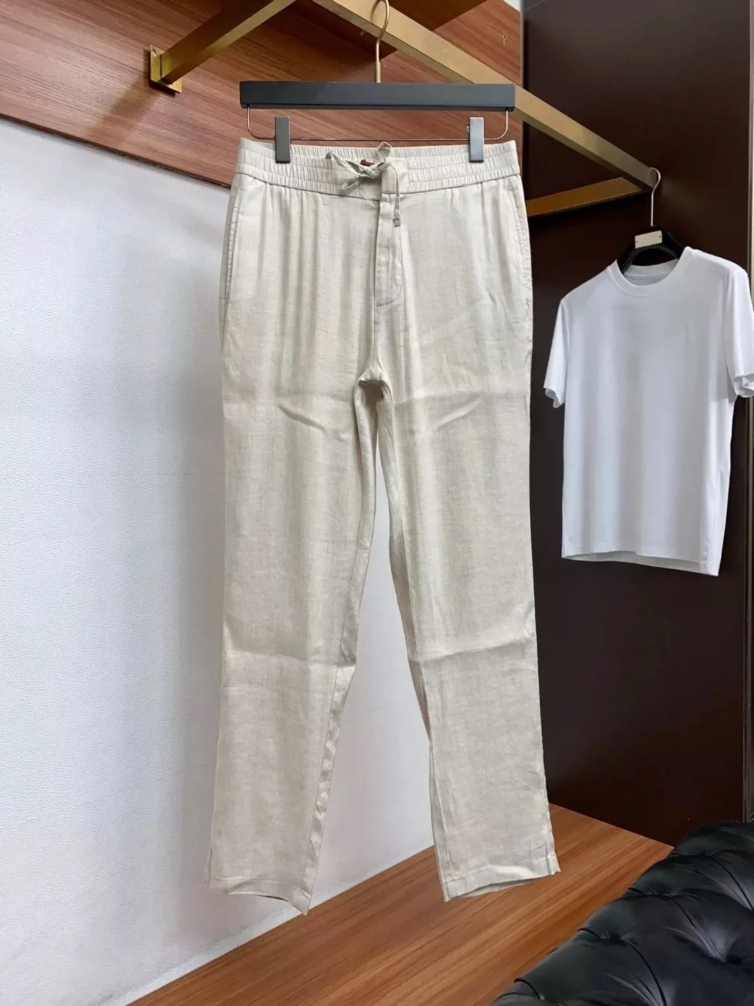 

Italian Style Men's Summer Casual Pants Pure Color Badge Comfortable Hemp Cotton Straight Leg mid Waist Business Versatile