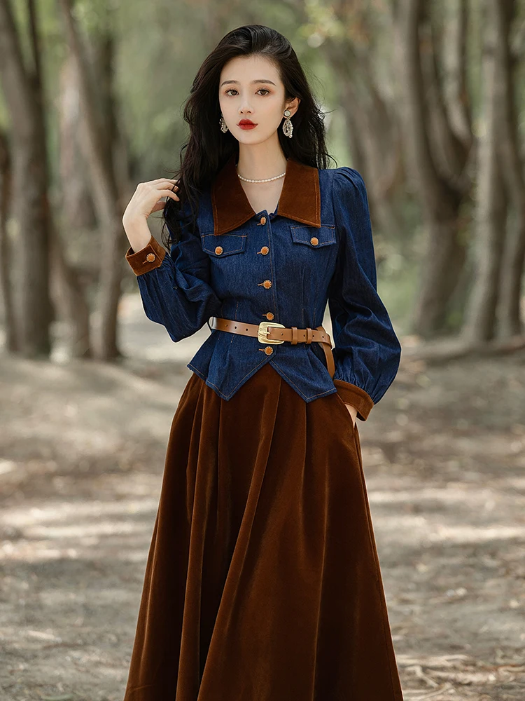 Vintage Fashion Two Piece Skirt Set Women Spring Autumn Long Sleeve Denim Jacket and Long Velvet Skirts Korean Outfits