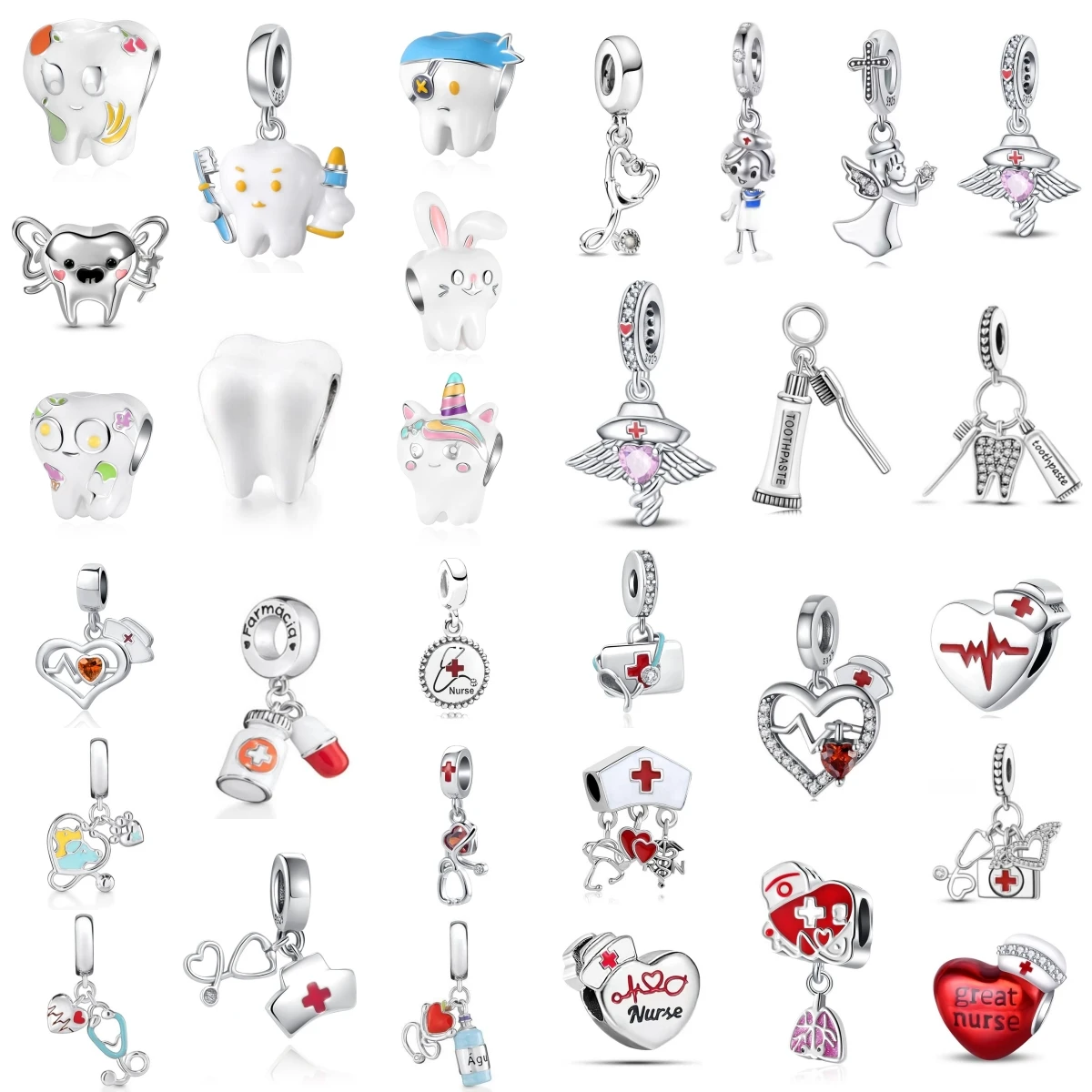 Doctor Nurse Stethoscope Ambulance Tooth Pendant Fuitable for European Bracelet DIY925 Silver Medical Style Fashionable Pendant