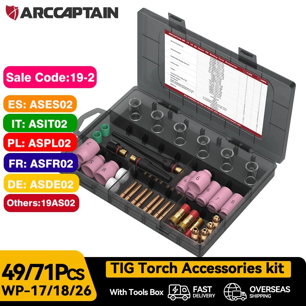 ARCCAPTAIN WP-17/18/26 Kit di accessori per torcia di saldatura TIG 49/71 pezzi Pinze per ugelli Corpo tozzo Lente per gas Kit di materiali di consumo per tazza di vetro