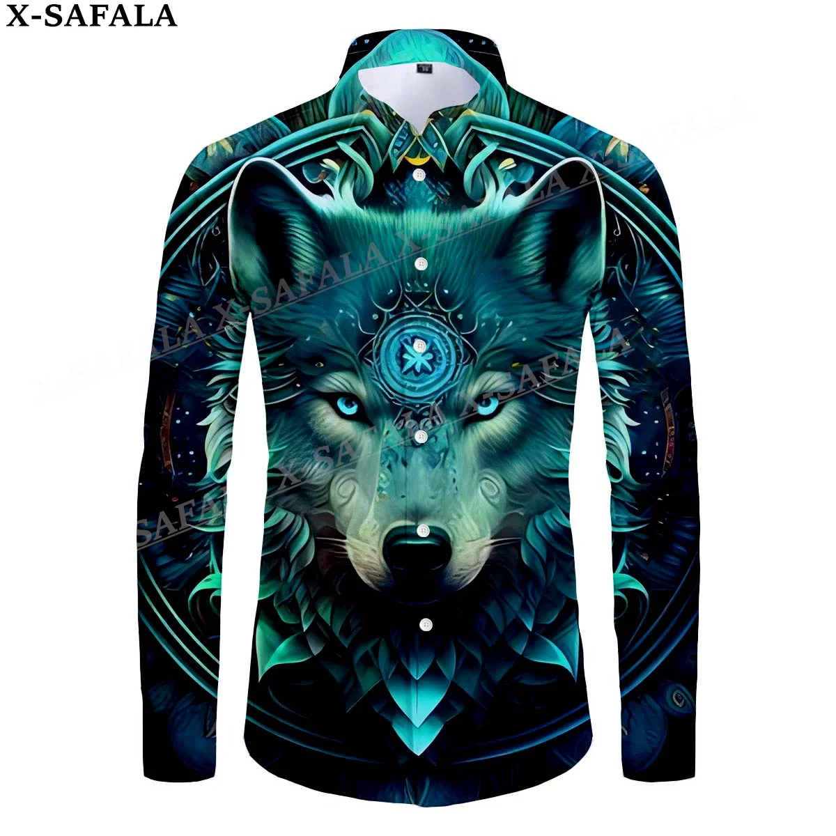 Native Dark  Wolf Moon Dream Catcher 3D Print Men's Luxury Shirt Turn-down Collar Buttoned Up Long Sleeve Tops Hip Hop Tee-10