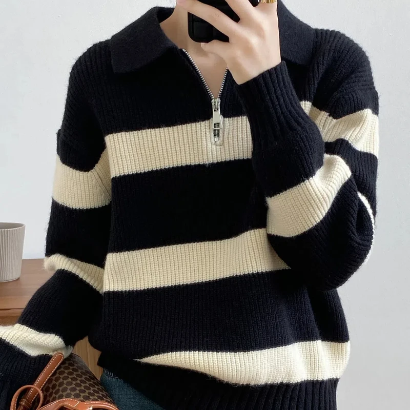 Autumn Winter New Fashion Turn-down Collar Half Zipper Long Sleeve Striped Sweaters Women's Clothing Casual Knitting Korean Tops