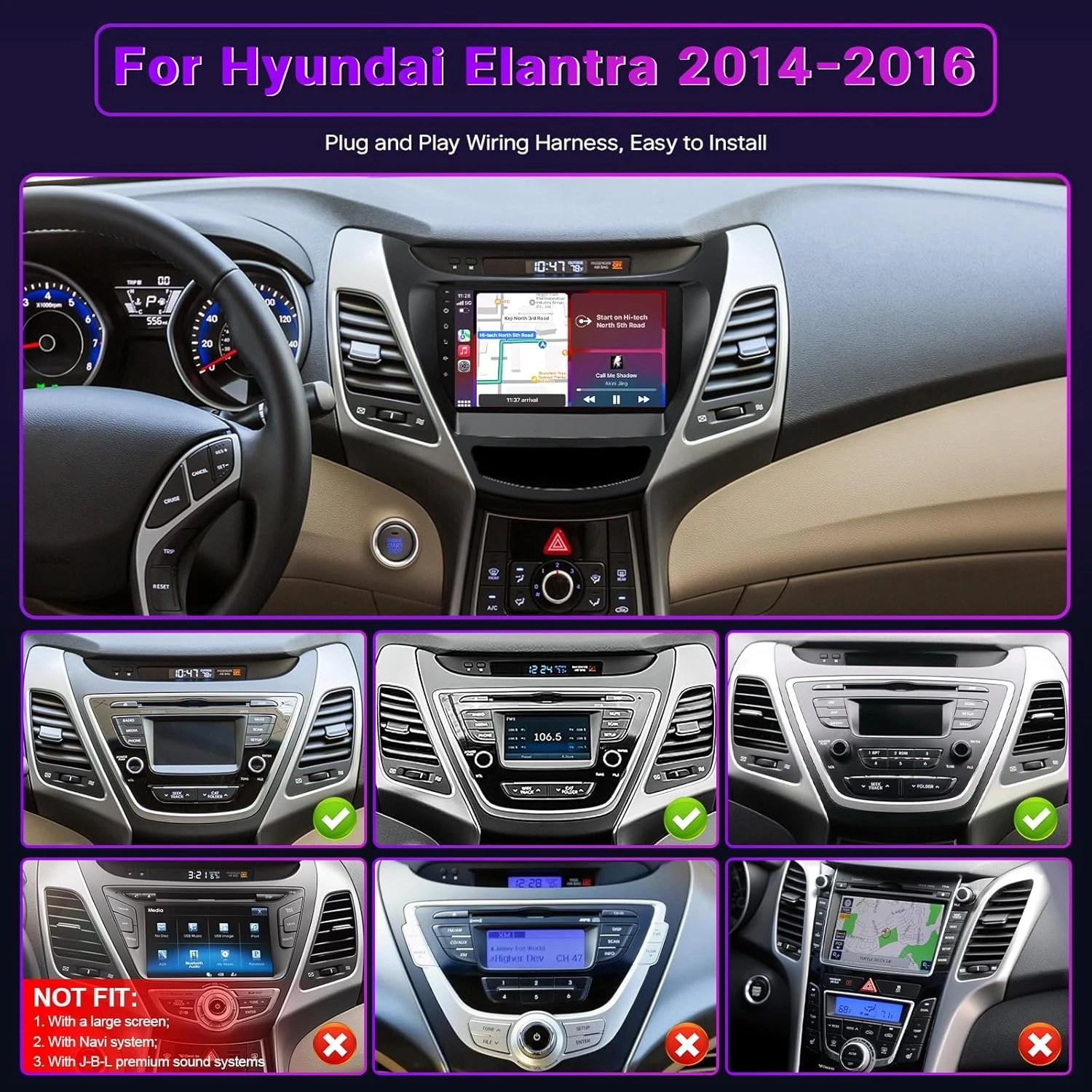

2+64GB Car GPS Navi 9''Stereo Radio for Hyundai Elantra 2014-2016 with Carplay/Android Auto Android15 SWC Backup Camera
