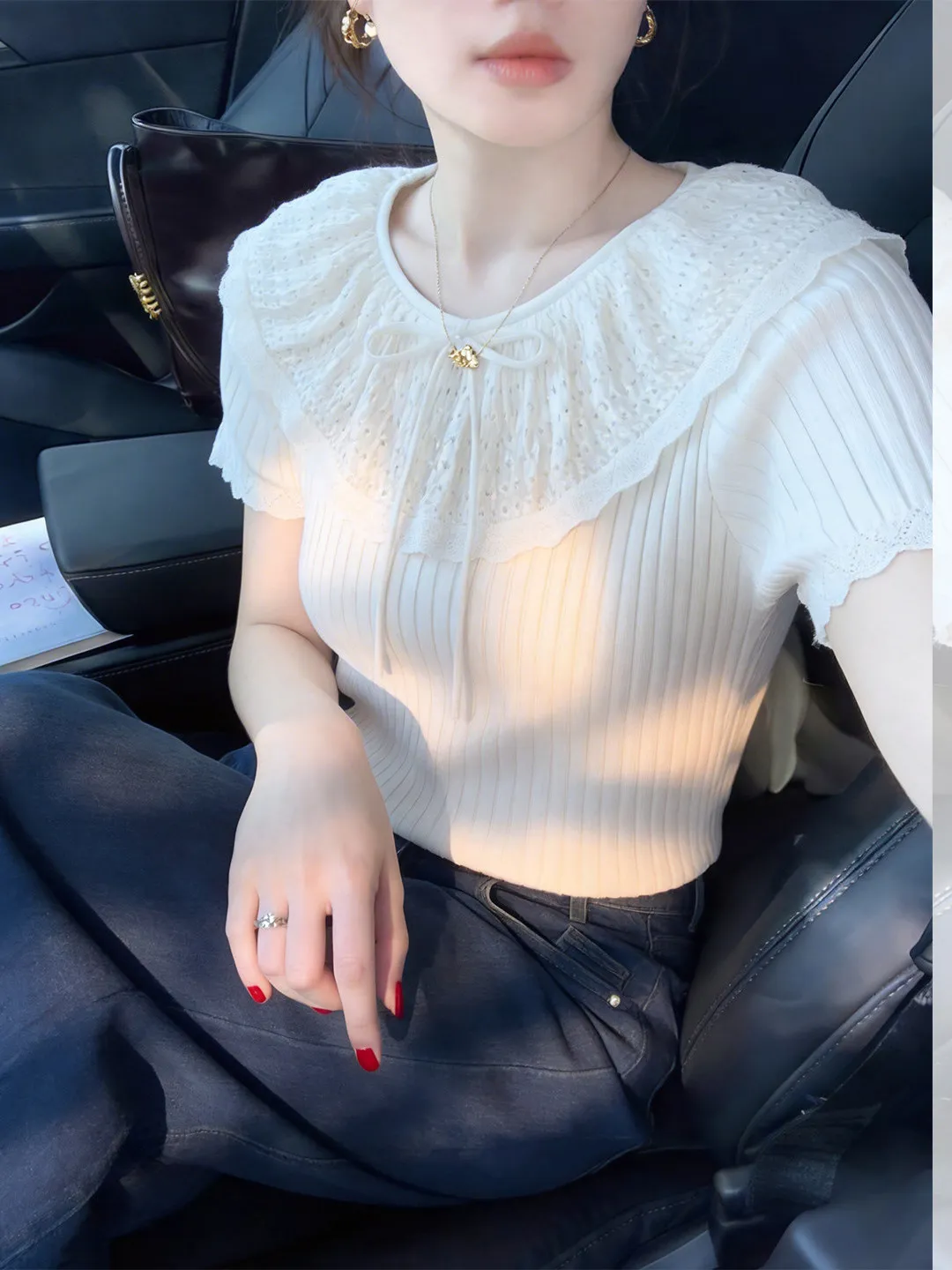 Sweet Wind White Doll Collar Tied Short Sleeve Women's T-shirt Summer Atmosphere Feeling Loose Fit Breathable Skin-Friendly