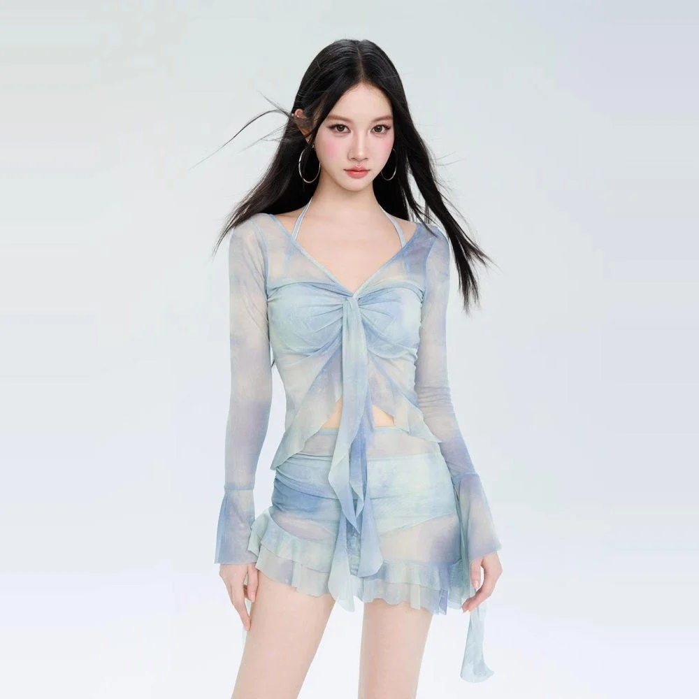 프린세스 스타일 비키니 수영복 여성용 긴팔 보온 스파 수트 아름다운 4종 세트 섹시한 온천용 커버업