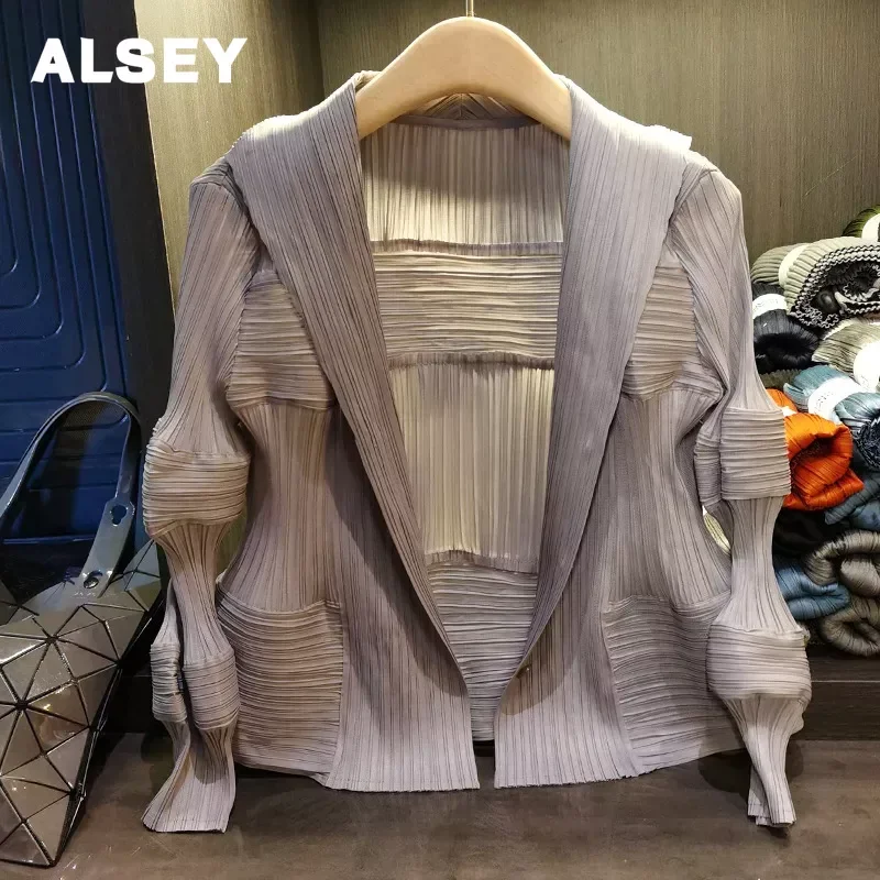 

ALSEY Miyake Irregular Pleated Jackets Lapel Single Breasted Full Sleeve Chic Style Outwear Loose Female Elegant Clothing