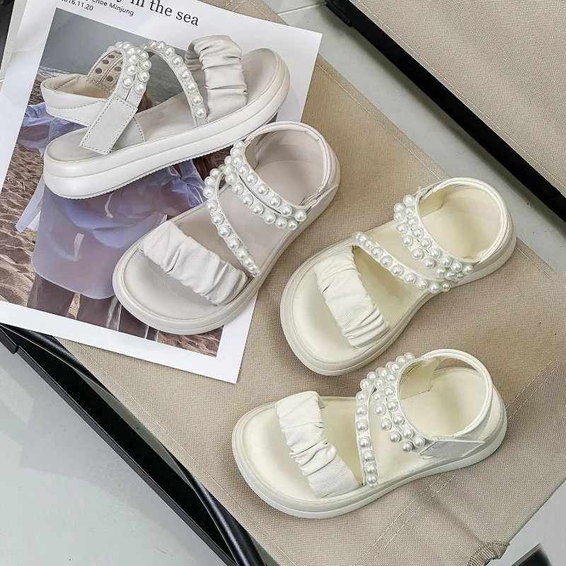 Girls Sandals Summer Kids Shoes Fashion Princess Party Dress Flats Toddler Children Beach Sandals Pearls Outdoor Soft Sole