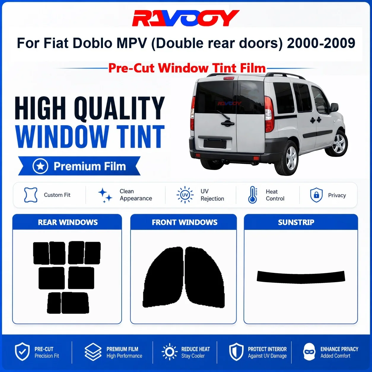 Premium Pre-Cut Window Tint For Fiat Doblo MPV (Double rear doors) 2000-2009 Front & Rear Windows UV Heat Rejection Privacy Film