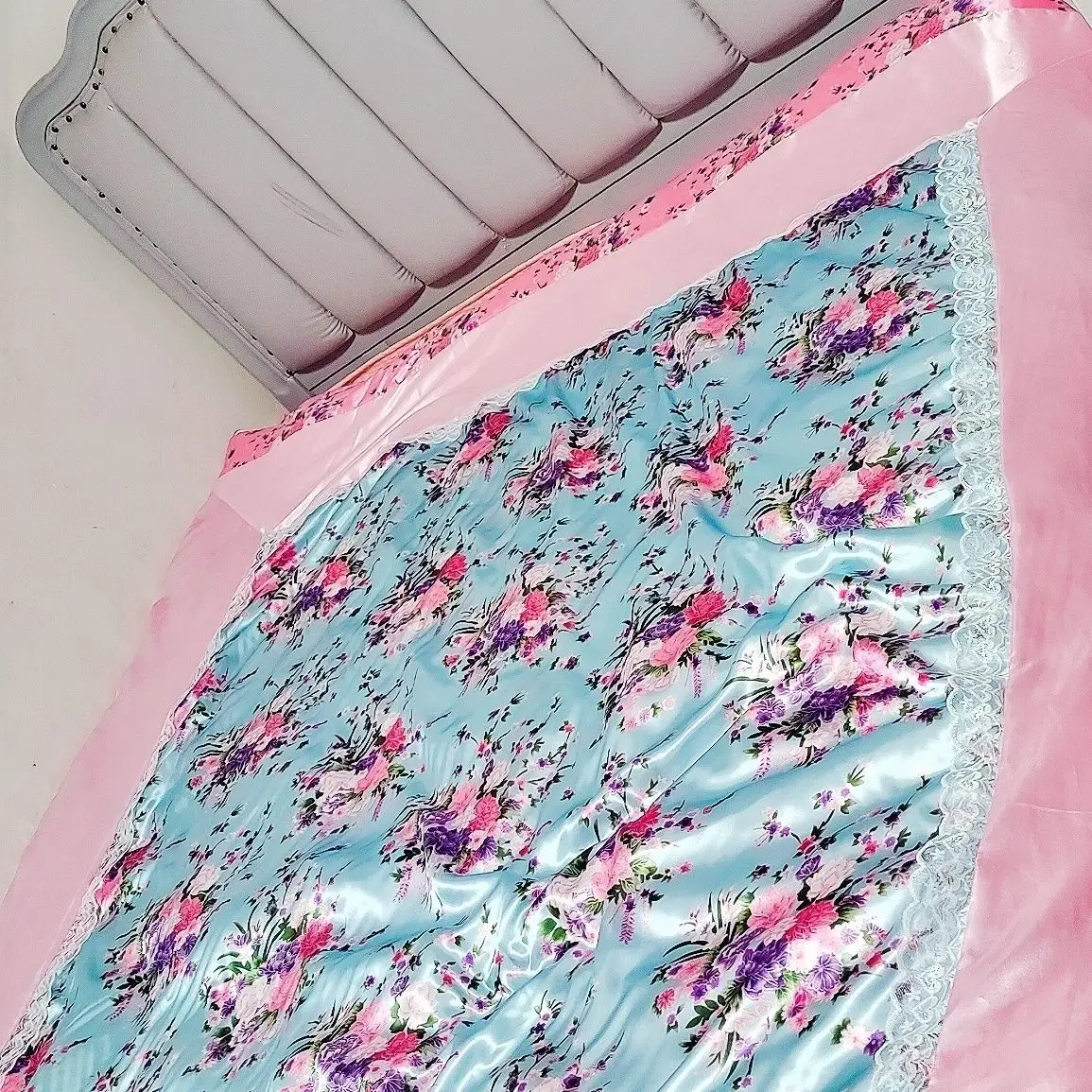 

No cotton filling Glossy summer satin silk cover with zippe floral print bedspread home bedding