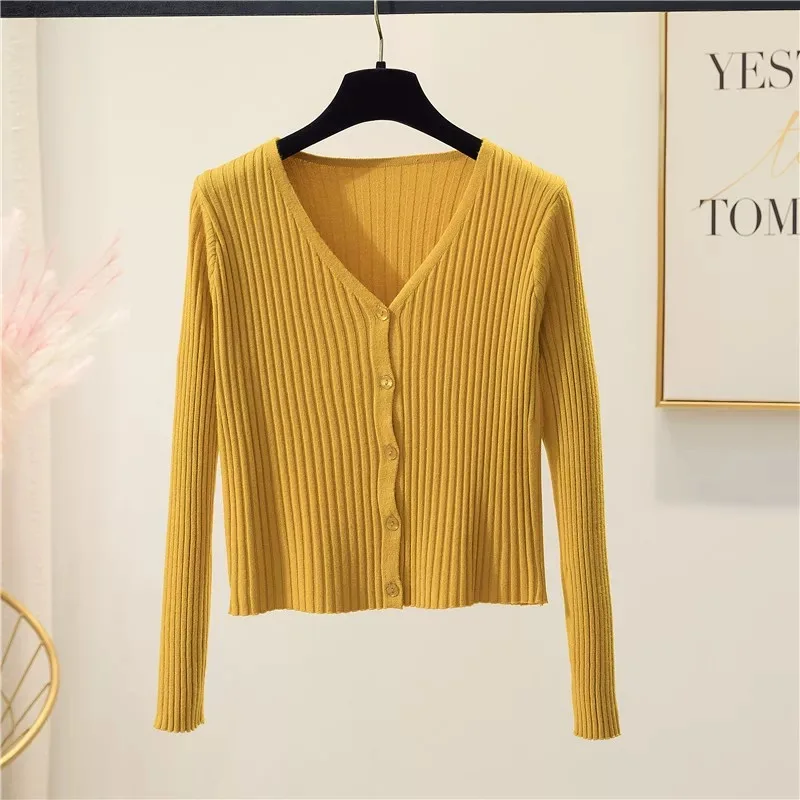 V-neck Button-Up Slim Fitted Cropped Sweater Women Spring Autumn Long Sleeve Knitted Top Black White Pink Yellow Red Green Blue