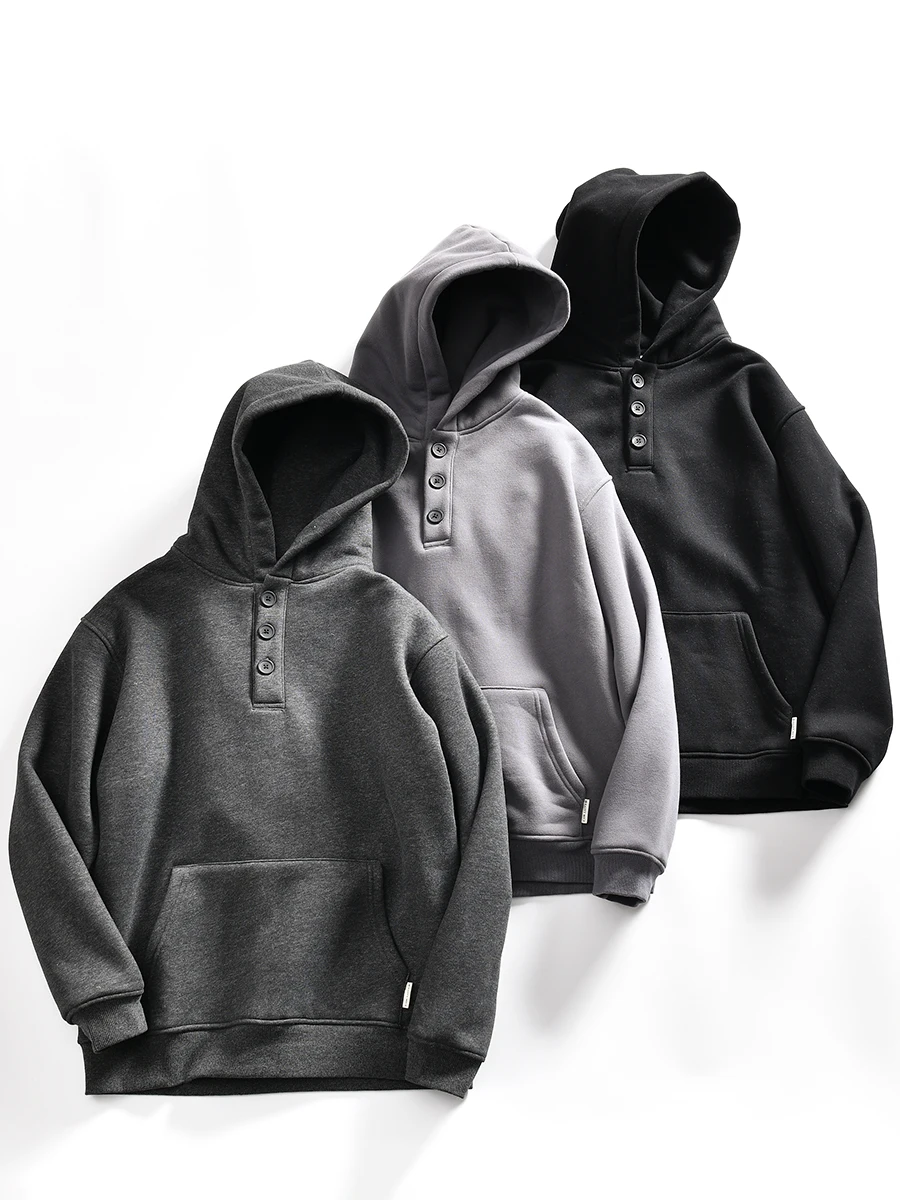 

Autumn Winter Men's Hooded Jacket Half Open Buttoned Fleece Lined Loose Casual Versatile Trendy Sweatshirt Street Style