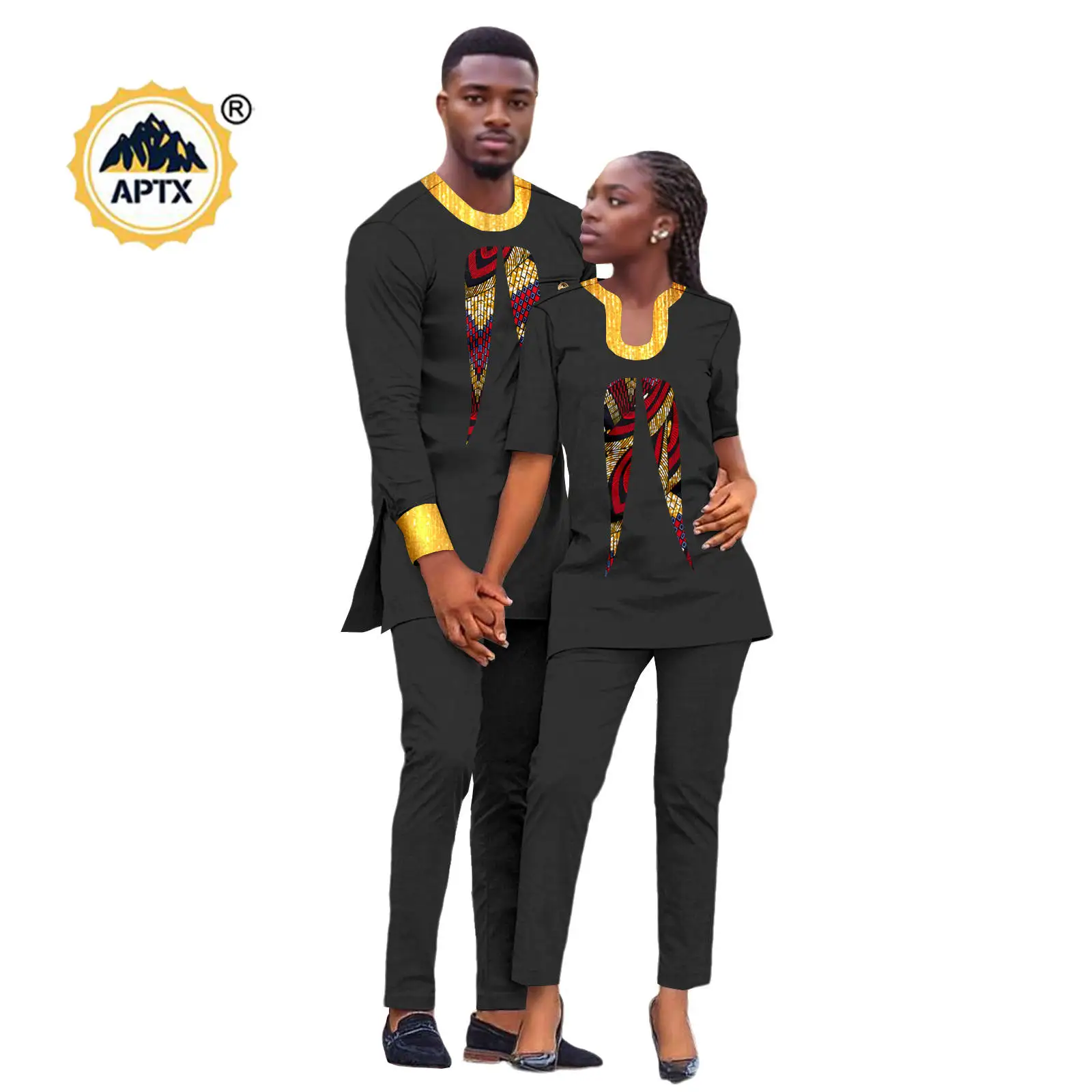 African Women Bright Silk Top and Pant Sets Matching Couple Outfits Dashiki Men Clothes Bazin Riche Agbada Wedding  Suits 25C022