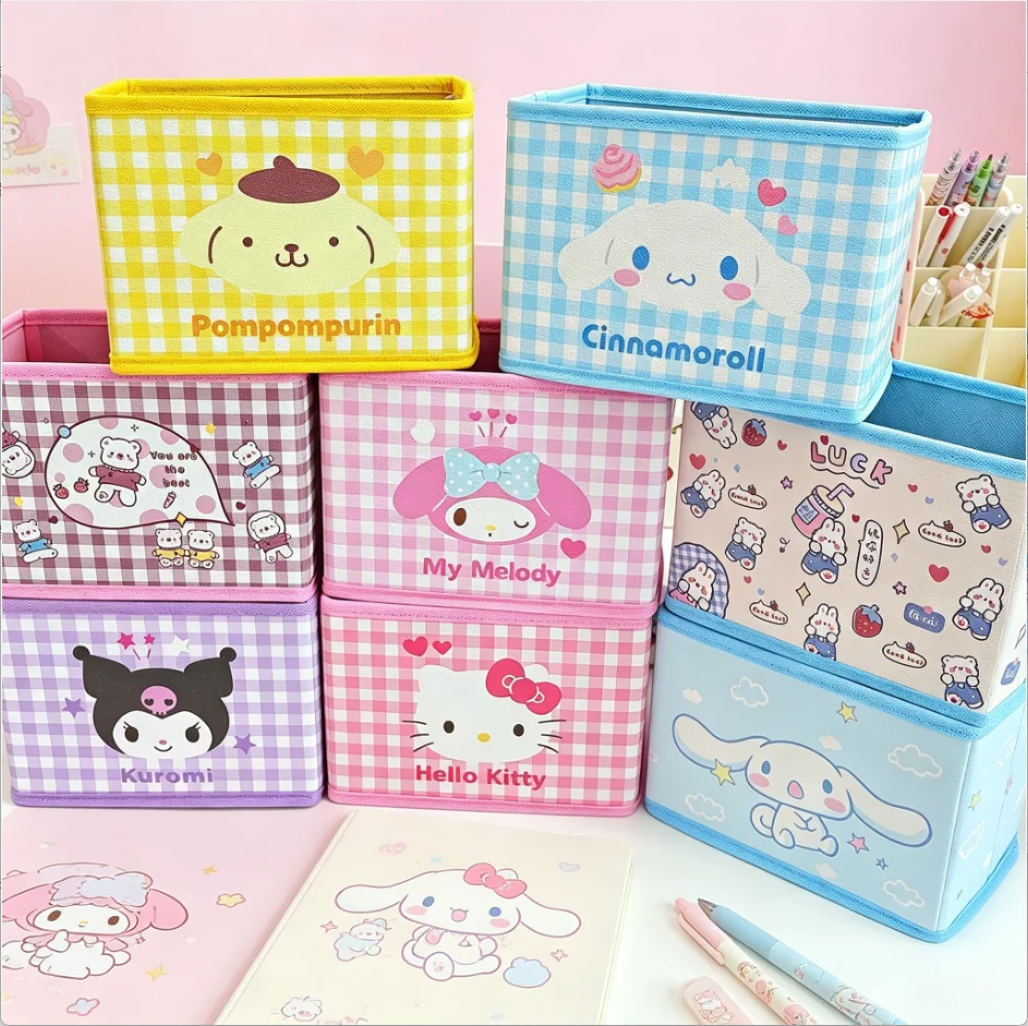 

New Hello Kitty Desktop Storage Box Cinnamoroll Kuromi Flattenable Toy Sundries Underwear Cosmetic Stationery Storage Organizer