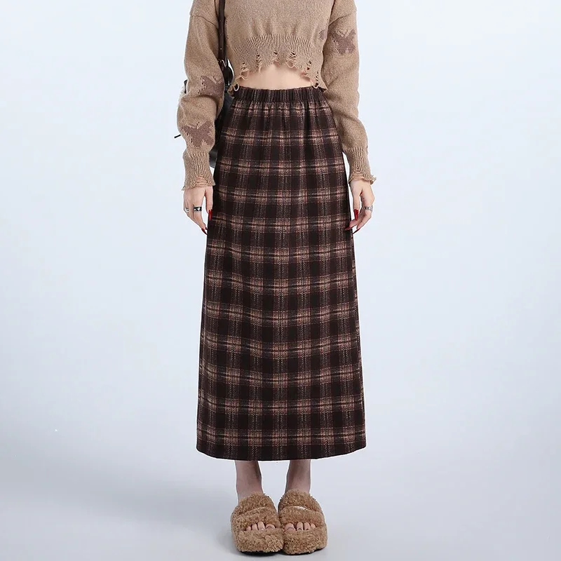 Vintage Split Plaid Woolen Skirt Women 2024 Autumn Winter New Casual Slim Fit Skirt Female Y2k High-waisted A-line Midi Skirt