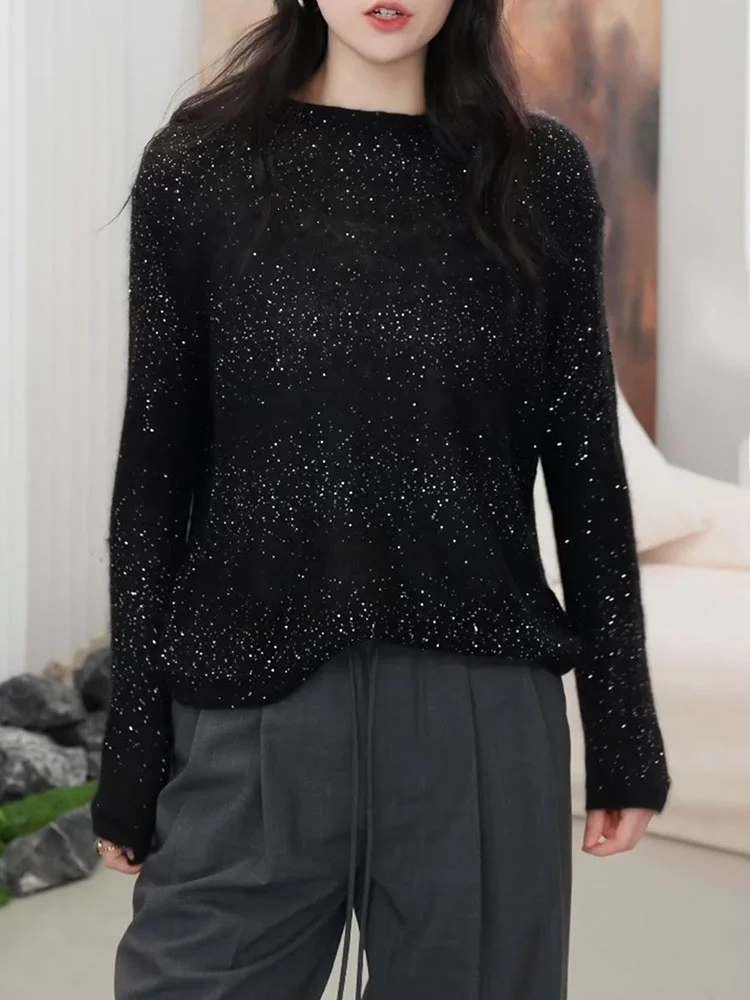 

Korean Sle Heavy Work Sequin Bla round Ne Sweater Autumn New plus Size Versatile Agel Top Women's Faion Inner Wear