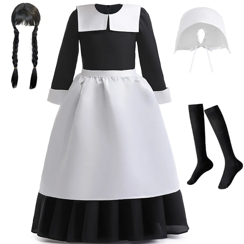 

Wednesday Carnival Costume Girls Black Long Sleeve Princess Dress With Wig Socks Toddler Kids Addams Halloween Cosplay Outfits