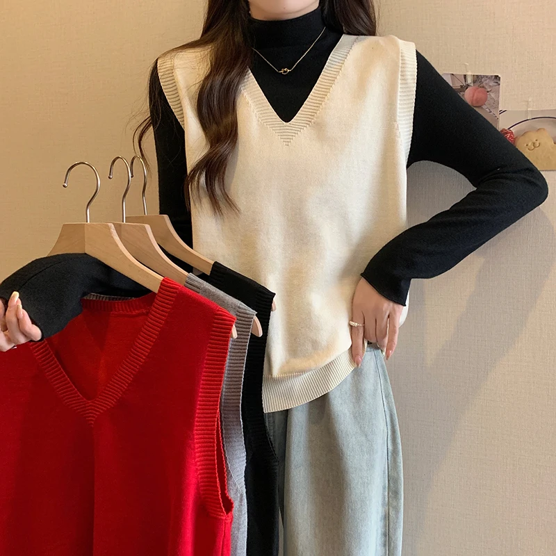 

Oversized Women Knitted Waistcoat 2023 Autumn Trendy Solid Color V Neck Sleeveless Tops Casual Simple Female Sweater Vest