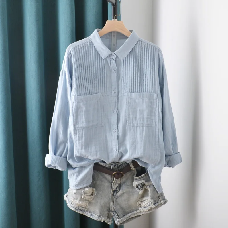 

Double Pocket Cotton White Women Shirts Summer Vintage 2024 Turn-Down Collar Loose Casual Female Outwear Tops