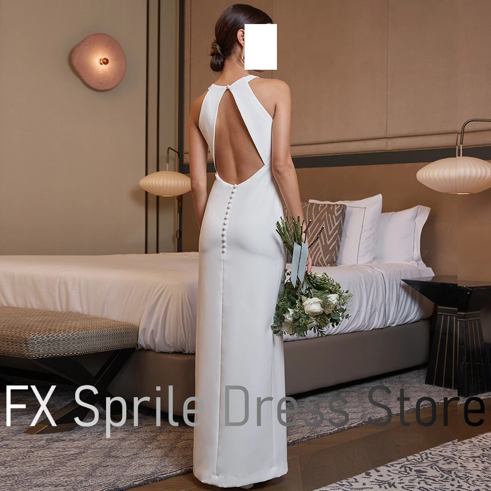 White Formal Crew neck Buttons Backless Evening Dress Jersey Straight Floor Length Sleeveless Pleats Front Slit 2024 Party Gowns