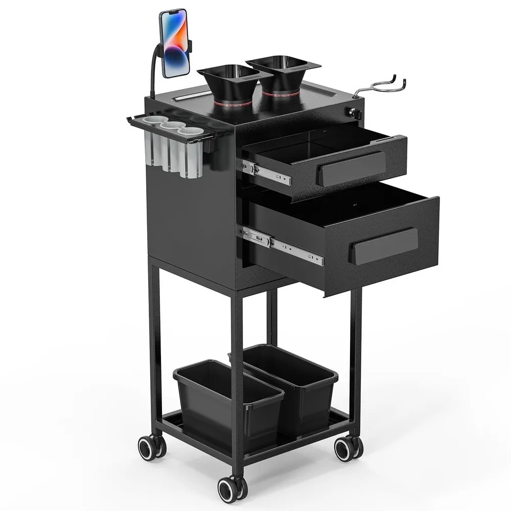 Salon Trolley Cart for Hair Stylist Metal Salon Station with Lockable Drawers 2 Magnetic Bowls & 2 Storage Baskets