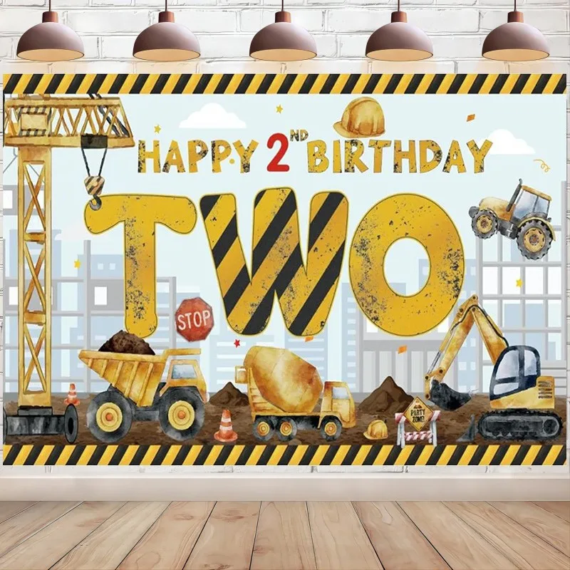 

2nd Birthday Decoration for Boys Construction Theme Banner Backdrop Dump Truck Photography Photo Props Zone Party Supplies Decor