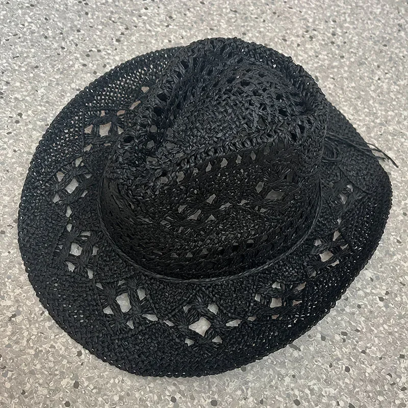 Straw Western Cowboy Hat for Women Men Classic Vintage Hollow Out Unisex Curled Wide Brim Sun Hat Fishing Hat Climbing Cap image 3