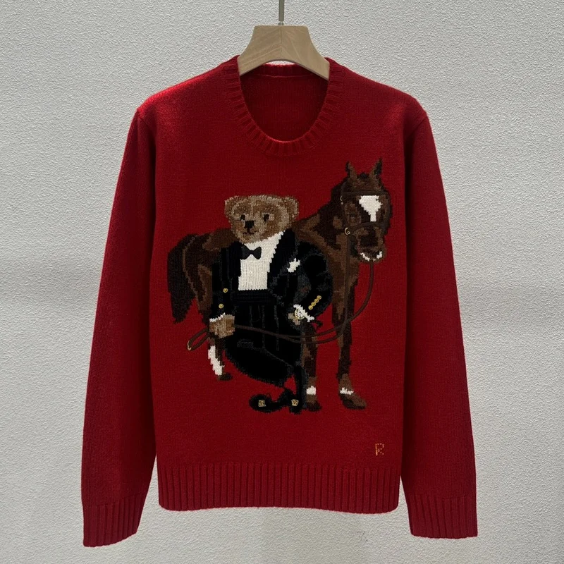 

Свитер из шерсти свободного кроя Briti Sle с вышитым мультяшным медведем, круглый вырез, длинный рукав, осень-зима, женский...